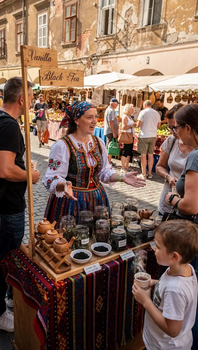 Pohár čierneho čaju s krémovou vanilkou, obklopený voňavými bylinkami.