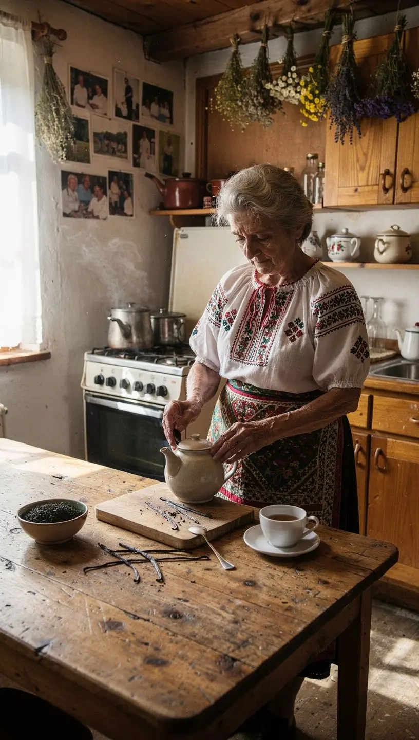 Svieža a aromatická zmes čierneho čaju a vanilky na bielom pozadí.