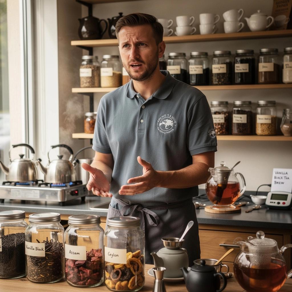 Esteticky upravený šálka čierneho čaju s vanilkovou penou, obklopená voňavými bylinkami.